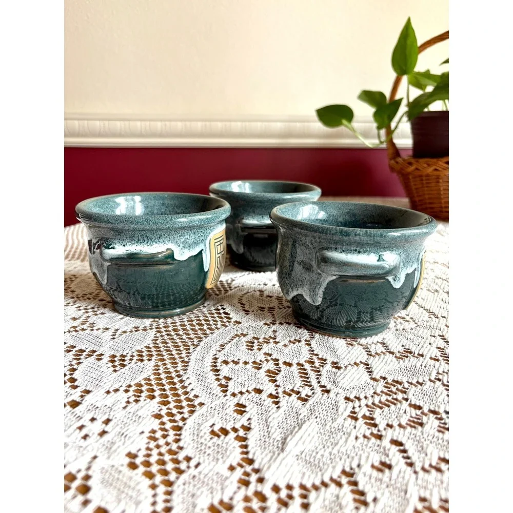 Deneen‎ Pottery Set of 3 Teal Glaze Handcrafted Stoneware Soup Bowls 2024 USA